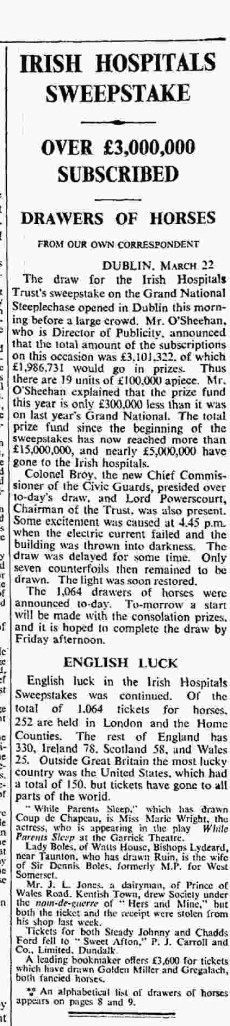 extract from The Times, 1933, about Irish Hospitals Sweepstake