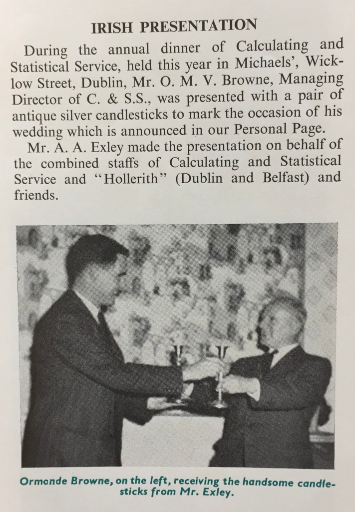Report and picture of Ormond Browne, MD of the Calculating & Statistical Service, being presented with a wedding present of candlesticks in 1959