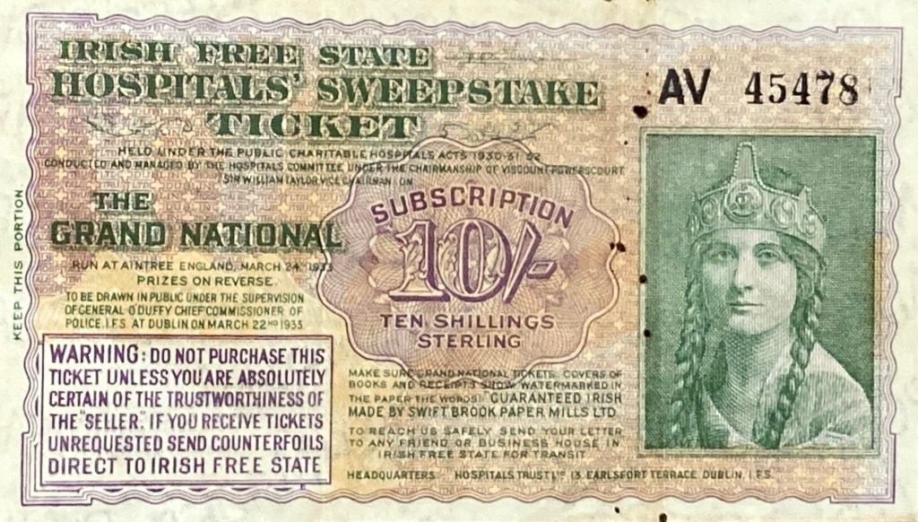 Irish Hospitals Sweepstake ticket for the Grand National, 1930s.