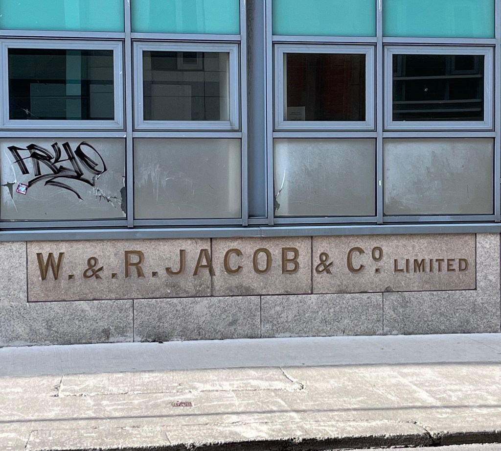 W&R Jacob & Co sign on building in Bishop St, Dublin